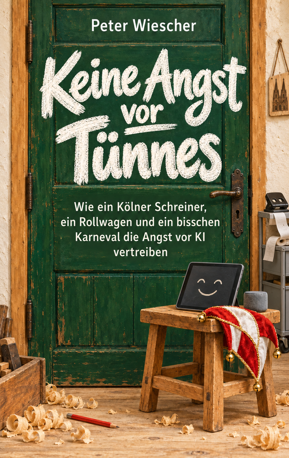 Original-Cover von Keine Angst vor Tünnes: grüne Werkstatttür, Kreideschrift und ein lächelndes Tablet